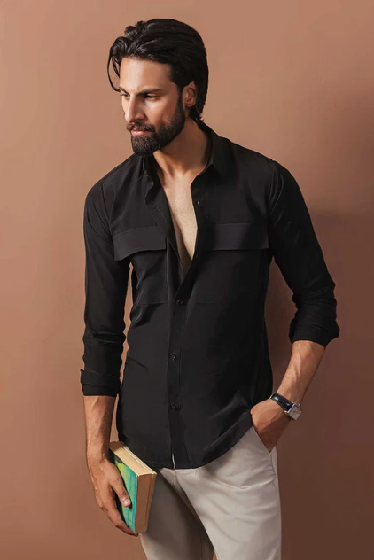 Black Dress Shirt With Chest Pockets